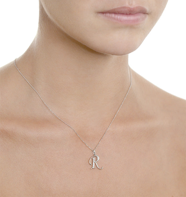 9K White Gold Diamond Initial 'R' Necklace 0.05ct
